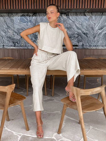 ライトグレー コットンリネンパンツセット ノースリーブ レースアップ サマーカジュアル ツーピース コーデセット 2025