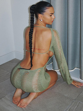 ホットクラブドレス ボートネック ロングスリーブ オープンバック クラブミニドレス ワインレッド