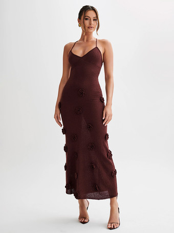 マホガニーボディコンドレス 3Dフラワースパゲッティストラップホルターバックレスバケーションマキシドレス