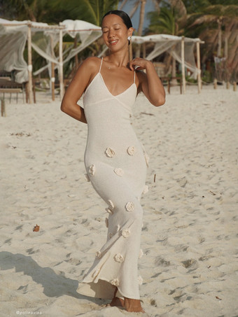 アイボリー ボディコンドレス 3Dフラワースパゲッティストラップホルターバックレスバケーションマキシドレス