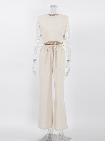 コットンリネンパンツセット ノースリーブ レースアップ サマーカジュアル ツーピース コーデセット 2025