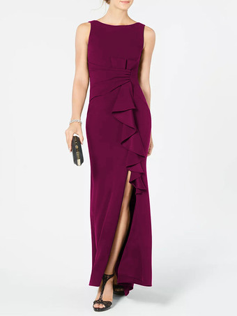 マゼンタブライダルマザードレス バトーネック ノースリーブ プリーツシース ウェディングゲストドレス 無料カスタマイズ