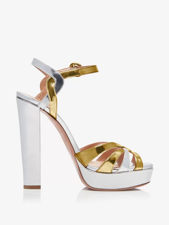 レディース ハイヒール サンダル メタリック プラットフォーム チャンキーヒール パーティー プロム シューズ