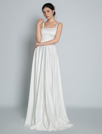 ウェディングドレス ビンテージ スクエアネック ノースリーブ サテン生地 コートトレーン サッシュ ブライダルドレス オーダーメイド