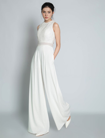 Braut Jumpsuit elfenbeinfarbe Hochzeit mit Rundkragen Brautkleider bodenlang Jumpsuits ärmellos Hosenanzug Braut