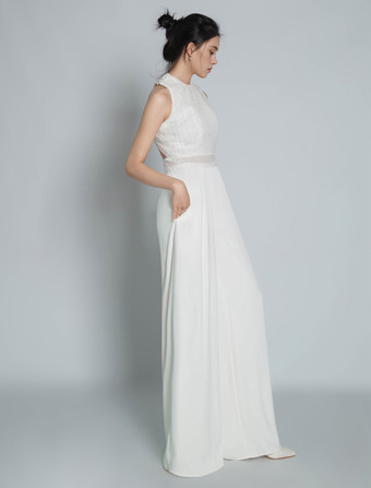 Braut Jumpsuit elfenbeinfarbe Hochzeit mit Rundkragen Brautkleider bodenlang Jumpsuits ärmellos Hosenanzug Braut