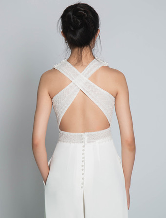 Braut Jumpsuit elfenbeinfarbe Hochzeit mit Rundkragen Brautkleider bodenlang Jumpsuits ärmellos Hosenanzug Braut