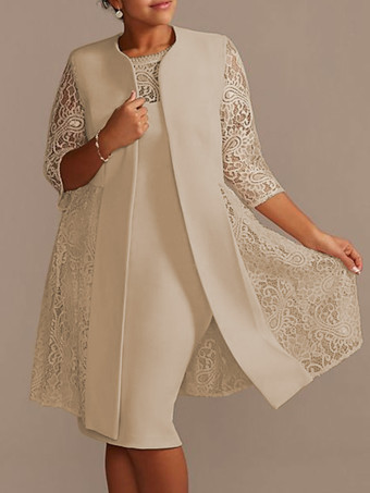 シャンパンアイボリーマザードレスレースサテン生地ハーフスリーブオーバーコートジュエルネックノースリーブシースショートウェディングゲストドレス衣装