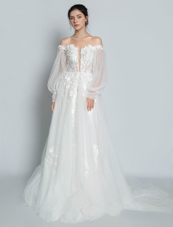 アイボリーのシンプルなレースのウェディングドレス、トレインAラインのオフショルダー長袖バックレスブライダルガウン