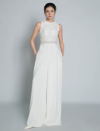 Braut Jumpsuit elfenbeinfarbe Hochzeit mit Rundkragen Brautkleider bodenlang Jumpsuits ärmellos Hosenanzug Braut