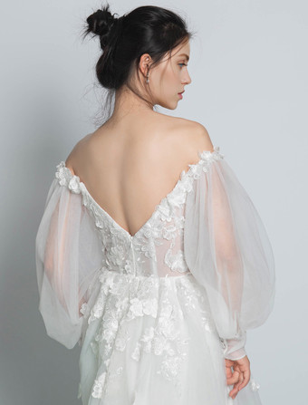 アイボリーのシンプルなレースのウェディングドレス、トレインAラインのオフショルダー長袖バックレスブライダルガウン