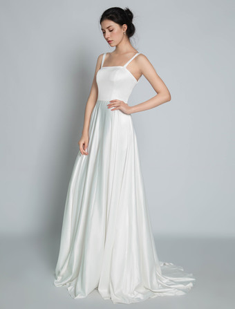 ウェディングドレス ビンテージ スクエアネック ノースリーブ サテン生地 コートトレーン サッシュ ブライダルドレス オーダーメイド