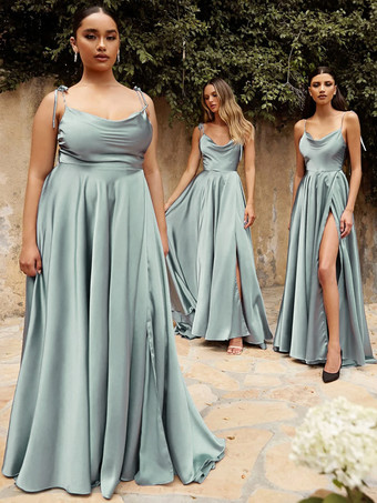 スレートグレー ブライズメイドドレス Aライン マキシレングス ジッパー サテン生地 ウェディングパーティードレス