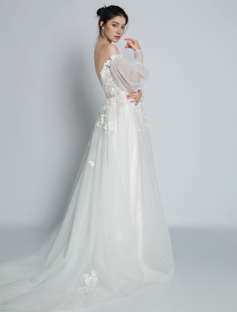 アイボリーのシンプルなレースのウェディングドレス、トレインAラインのオフショルダー長袖バックレスブライダルガウン