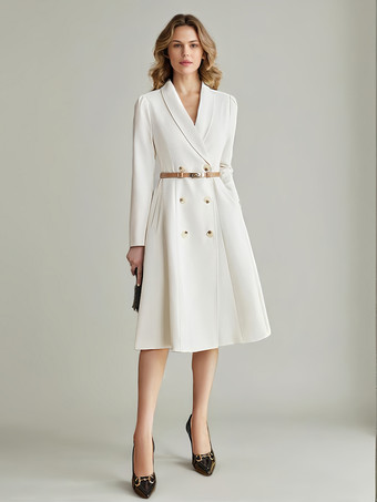 ホワイト ブレザー ドレス ラペル ベルト付き 長袖 膝丈 ビジネス カジュアル ドレス
