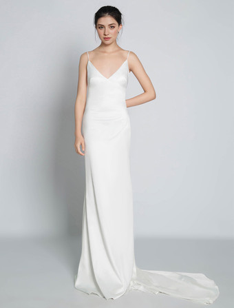 シンプルなウェディングドレス トレインシースVネックスパゲッティストラップノースリーブバックレスブライダルドレスと白い