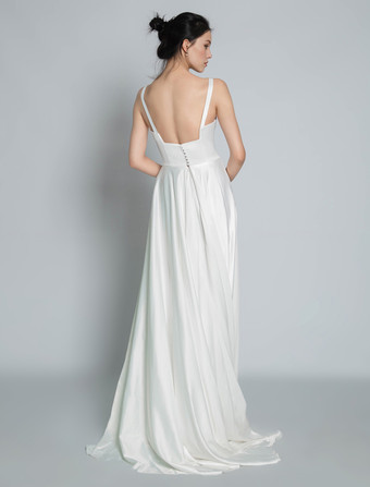 ウェディングドレス ビンテージ スクエアネック ノースリーブ サテン生地 コートトレーン サッシュ ブライダルドレス オーダーメイド