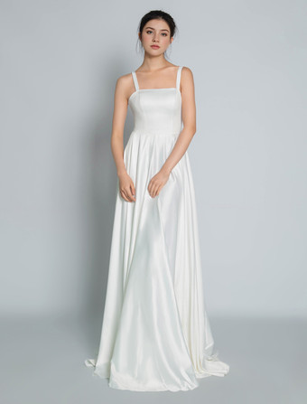 ウェディングドレス ビンテージ スクエアネック ノースリーブ サテン生地 コートトレーン サッシュ ブライダルドレス オーダーメイド