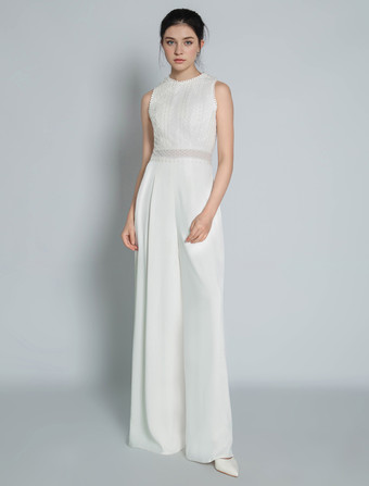Braut Jumpsuit elfenbeinfarbe Hochzeit mit Rundkragen Brautkleider bodenlang Jumpsuits ärmellos Hosenanzug Braut