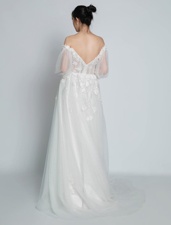 アイボリーのシンプルなレースのウェディングドレス、トレインAラインのオフショルダー長袖バックレスブライダルガウン