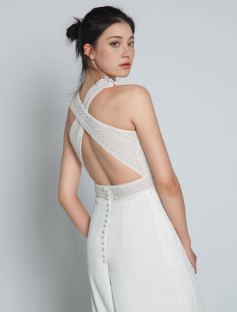 Braut Jumpsuit elfenbeinfarbe Hochzeit mit Rundkragen Brautkleider bodenlang Jumpsuits ärmellos Hosenanzug Braut