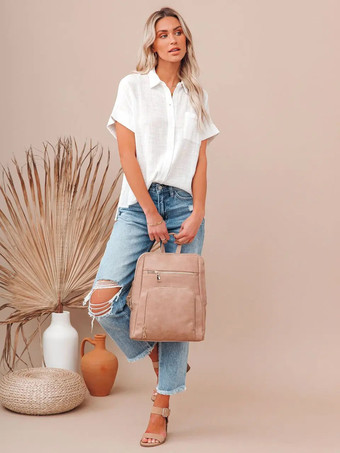 女性用シャツブラックポリエステルターンダウンカラーカジュアルボタン半袖トップス