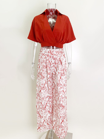 パンツセット 花柄 半袖 Vネック ワイドレッグ カジュアル 2点セット