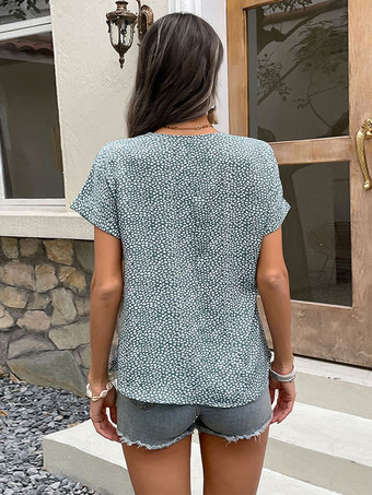 Blouse For Women Burgundy Tatting V-Neck Classic Floral Print Short Sleeves Tops