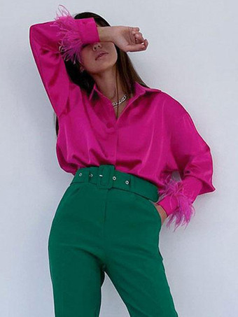 Blusa feminina de penas rosa com decote em V clássico mangas compridas tops de poliéster