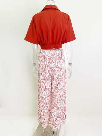 パンツセット 花柄 半袖 Vネック ワイドレッグ カジュアル 2点セット