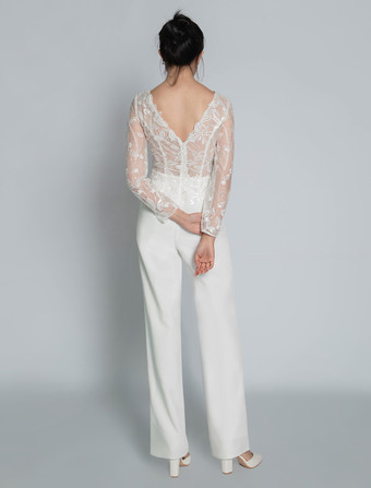 ブライダルジャンプスーツ レース アンクル丈 ジュエルネック 長袖 アイボリー ブライダルドレス 無料カスタマイズ