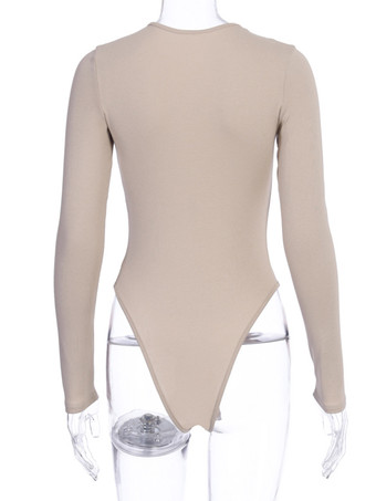 ボディスーツライトアプリコットロングスリーブパイピングストレッチノッチネックラインセクシーコットントップス女性用