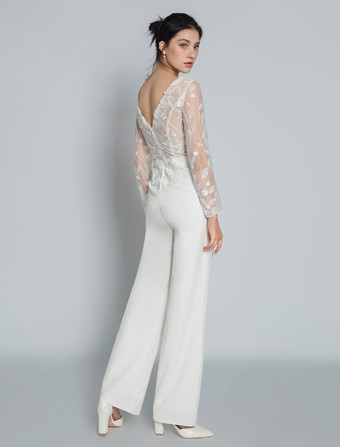 ブライダルジャンプスーツ レース アンクル丈 ジュエルネック 長袖 アイボリー ブライダルドレス 無料カスタマイズ