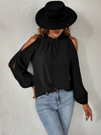 ブラック 女性用シャツ レッド ジュエルネック カジュアル 長袖 ポリエステル トップス