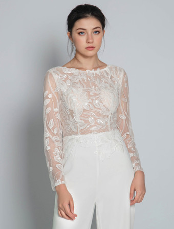 ブライダルジャンプスーツ レース アンクル丈 ジュエルネック 長袖 アイボリー ブライダルドレス 無料カスタマイズ