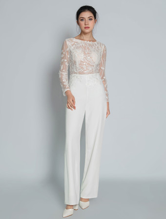 ホワイトブライダルジャンプスーツ レース アンクル丈 ジュエルネック 長袖 アイボリー ブライダルドレス 無料カスタマイズ