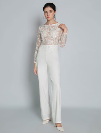 ブライダルジャンプスーツ レース アンクル丈 ジュエルネック 長袖 アイボリー ブライダルドレス 無料カスタマイズ