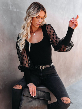 Blouse Haut Sexy Chemisier Courte Femme à Col Carré avec Manches Longues Amples Unicolore