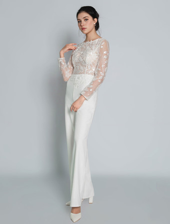 ブライダルジャンプスーツ レース アンクル丈 ジュエルネック 長袖 アイボリー ブライダルドレス 無料カスタマイズ