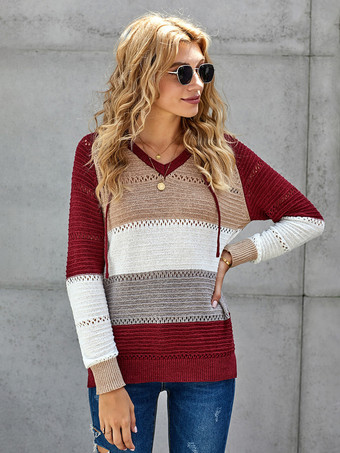 女性のプルオーバーセーターグレーフード付き長袖巾着セーター