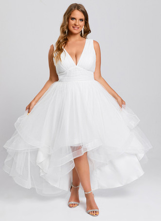 ショートウェディングドレス 足首丈 Vネック ノースリーブ Aライン チュール ブライダルガウン