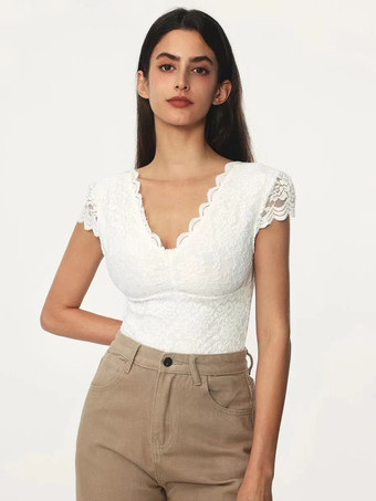 ボディスーツ ホワイト レース ポリエステル トップス 女性用