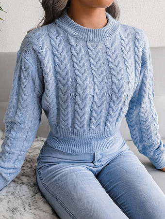 女性プルオーバーセーターベビーブルージュエルネックロングスリーブコットンセーター