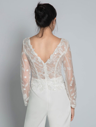 ブライダルジャンプスーツ レース アンクル丈 ジュエルネック 長袖 アイボリー ブライダルドレス 無料カスタマイズ