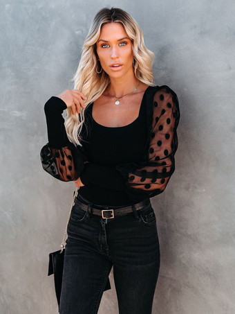 noir Blouse Haut Sexy Chemisier Courte Femme à Col Carré avec Manches Longues Amples Unicolore