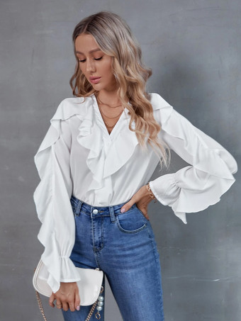 ホワイト 女性のためのブラウス ホワイト ボタン フリル V ネック カジュアル長袖トップス