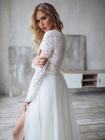 アイボリー ツーピース ウェディングドレス レース レース ジュエルネック Aライン トレーン付き 長袖 ブライダルドレス