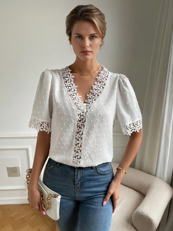 Shirt For Women White Applique V-Neck Casual Short Sleeves Tops