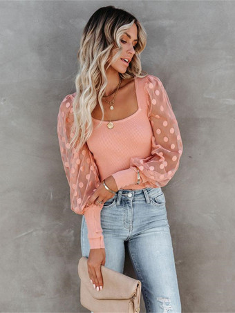 RoseBlouse Haut Sexy Chemisier Courte Femme à Col Carré avec Manches Longues Amples Unicolore