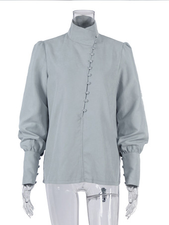 女性用シャツ ホワイト Vネック クラシック 長袖 ポリエステル トップス